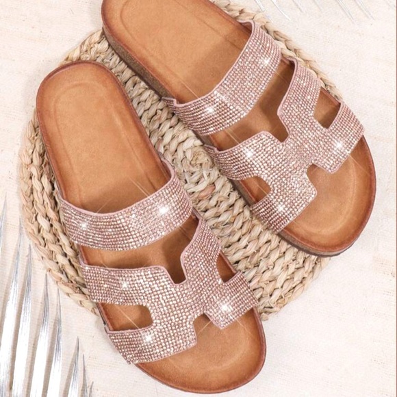 RoseGold Slide Flat Sandals with Rhinestones - Picture 5 of 5